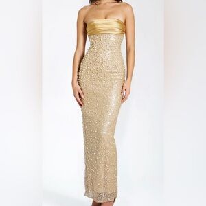 Miss Circle Lainey Gold Satin Sequin Pearls Beaded Maxi Dress